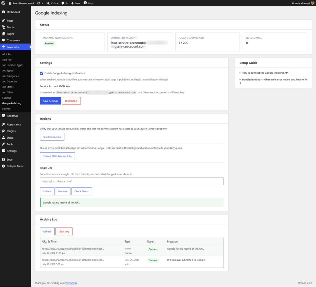 Loxo WordPress plugin Google Indexing API settings screen