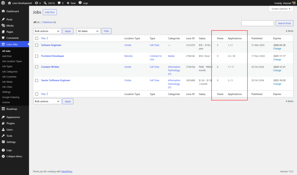 Loxo WordPress plugin application and job view tracking admin screen