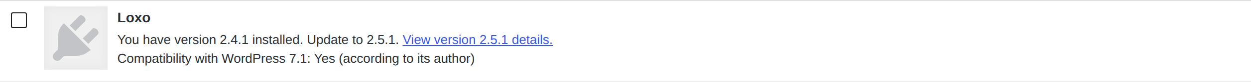 The Loxo entry on the WordPress Updates screen showing the installed version and the version available